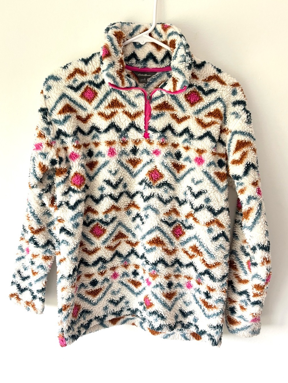 Eddie Bauer Aztec Print Cozy Fluffy Sherpa Fleece 1/4 Zip Pullover Blue Pink